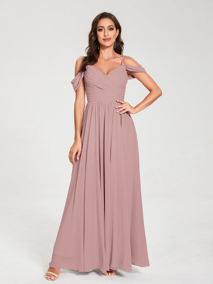 A-ligne/Princesse Mousseline de soie Bretelles spaghetti Épaules dénudées Sans Manches Longueur ras du sol Fendue sur le côté Robes de demoiselle d'honneur