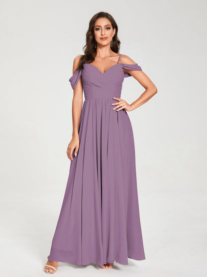 A-ligne/Princesse Mousseline de soie Bretelles spaghetti Épaules dénudées Sans Manches Longueur ras du sol Fendue sur le côté Robes de demoiselle d'honneur