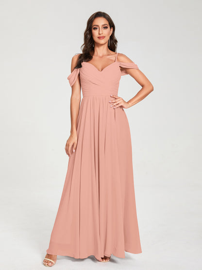 A-ligne/Princesse Mousseline de soie Bretelles spaghetti Épaules dénudées Sans Manches Longueur ras du sol Fendue sur le côté Robes de demoiselle d'honneur