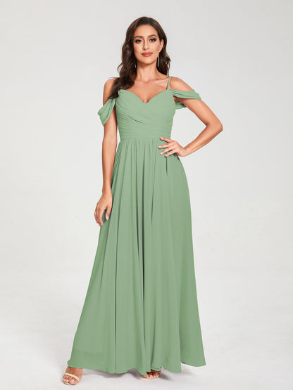 A-ligne/Princesse Mousseline de soie Bretelles spaghetti Épaules dénudées Sans Manches Longueur ras du sol Fendue sur le côté Robes de demoiselle d'honneur