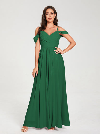 A-ligne/Princesse Mousseline de soie Bretelles spaghetti Épaules dénudées Sans Manches Longueur ras du sol Fendue sur le côté Robes de demoiselle d'honneur