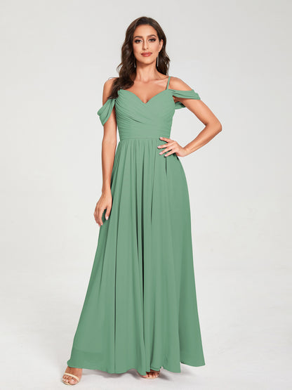 A-ligne/Princesse Mousseline de soie Bretelles spaghetti Épaules dénudées Sans Manches Longueur ras du sol Fendue sur le côté Robes de demoiselle d'honneur