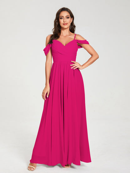 A-ligne/Princesse Mousseline de soie Bretelles spaghetti Épaules dénudées Sans Manches Longueur ras du sol Fendue sur le côté Robes de demoiselle d'honneur
