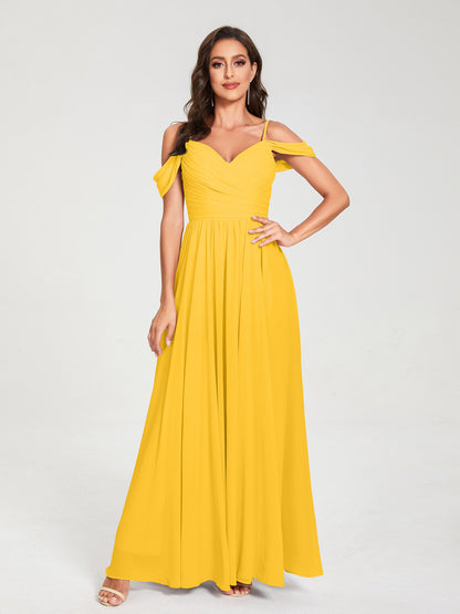 A-ligne/Princesse Mousseline de soie Bretelles spaghetti Épaules dénudées Sans Manches Longueur ras du sol Fendue sur le côté Robes de demoiselle d'honneur