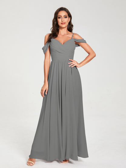 A-ligne/Princesse Mousseline de soie Bretelles spaghetti Épaules dénudées Sans Manches Longueur ras du sol Fendue sur le côté Robes de demoiselle d'honneur
