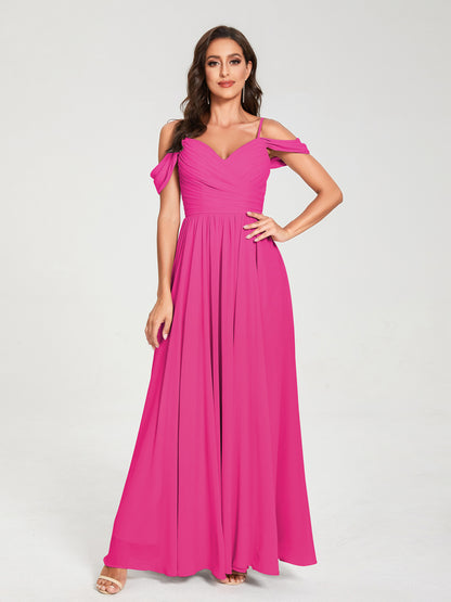 A-ligne/Princesse Mousseline de soie Bretelles spaghetti Épaules dénudées Sans Manches Longueur ras du sol Fendue sur le côté Robes de demoiselle d'honneur