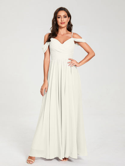 A-ligne/Princesse Mousseline de soie Bretelles spaghetti Épaules dénudées Sans Manches Longueur ras du sol Fendue sur le côté Robes de demoiselle d'honneur