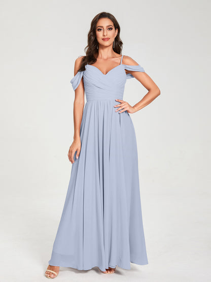 A-ligne/Princesse Mousseline de soie Bretelles spaghetti Épaules dénudées Sans Manches Longueur ras du sol Fendue sur le côté Robes de demoiselle d'honneur