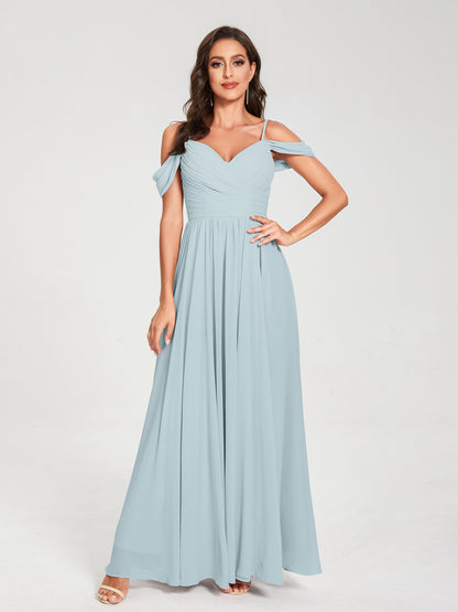 A-ligne/Princesse Mousseline de soie Bretelles spaghetti Épaules dénudées Sans Manches Longueur ras du sol Fendue sur le côté Robes de demoiselle d'honneur