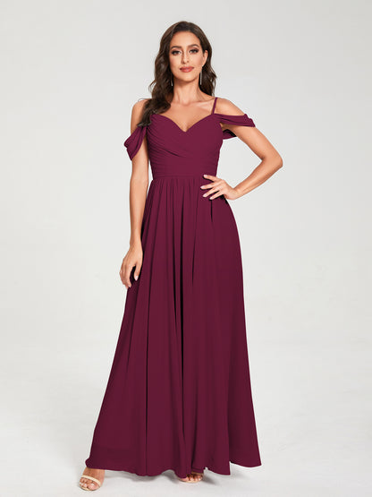 A-ligne/Princesse Mousseline de soie Bretelles spaghetti Épaules dénudées Sans Manches Longueur ras du sol Fendue sur le côté Robes de demoiselle d'honneur