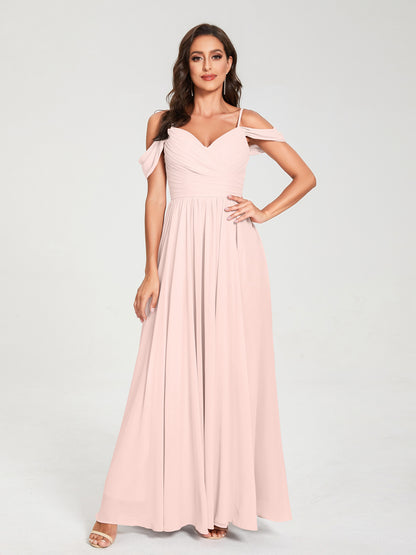 A-ligne/Princesse Mousseline de soie Bretelles spaghetti Épaules dénudées Sans Manches Longueur ras du sol Fendue sur le côté Robes de demoiselle d'honneur