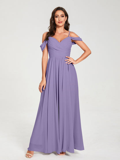 A-ligne/Princesse Mousseline de soie Bretelles spaghetti Épaules dénudées Sans Manches Longueur ras du sol Fendue sur le côté Robes de demoiselle d'honneur