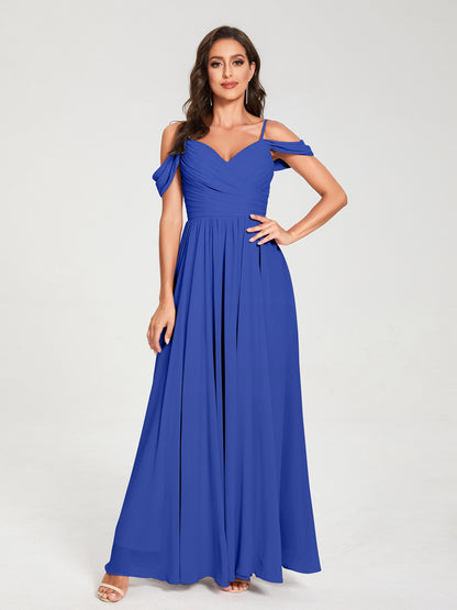 A-ligne/Princesse Mousseline de soie Bretelles spaghetti Épaules dénudées Sans Manches Longueur ras du sol Fendue sur le côté Robes de demoiselle d'honneur