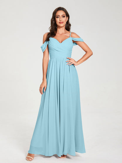A-ligne/Princesse Mousseline de soie Bretelles spaghetti Épaules dénudées Sans Manches Longueur ras du sol Fendue sur le côté Robes de demoiselle d'honneur