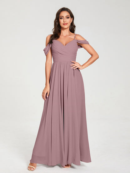A-ligne/Princesse Mousseline de soie Bretelles spaghetti Épaules dénudées Sans Manches Longueur ras du sol Fendue sur le côté Robes de demoiselle d'honneur