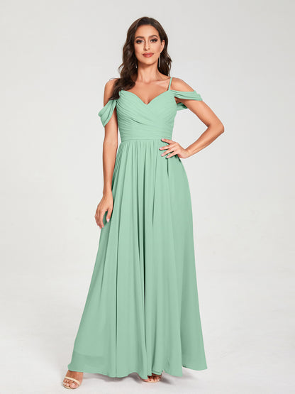 A-ligne/Princesse Mousseline de soie Bretelles spaghetti Épaules dénudées Sans Manches Longueur ras du sol Fendue sur le côté Robes de demoiselle d'honneur