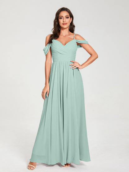 A-ligne/Princesse Mousseline de soie Bretelles spaghetti Épaules dénudées Sans Manches Longueur ras du sol Fendue sur le côté Robes de demoiselle d'honneur