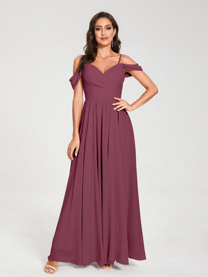 A-ligne/Princesse Mousseline de soie Bretelles spaghetti Épaules dénudées Sans Manches Longueur ras du sol Fendue sur le côté Robes de demoiselle d'honneur