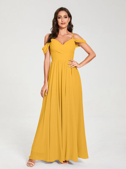 A-ligne/Princesse Mousseline de soie Bretelles spaghetti Épaules dénudées Sans Manches Longueur ras du sol Fendue sur le côté Robes de demoiselle d'honneur