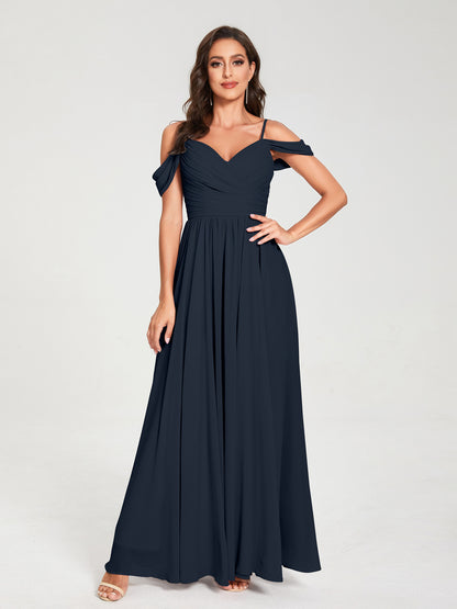A-ligne/Princesse Mousseline de soie Bretelles spaghetti Épaules dénudées Sans Manches Longueur ras du sol Fendue sur le côté Robes de demoiselle d'honneur