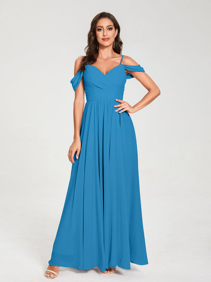 A-ligne/Princesse Mousseline de soie Bretelles spaghetti Épaules dénudées Sans Manches Longueur ras du sol Fendue sur le côté Robes de demoiselle d'honneur