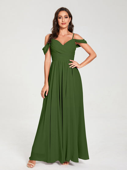 A-ligne/Princesse Mousseline de soie Bretelles spaghetti Épaules dénudées Sans Manches Longueur ras du sol Fendue sur le côté Robes de demoiselle d'honneur
