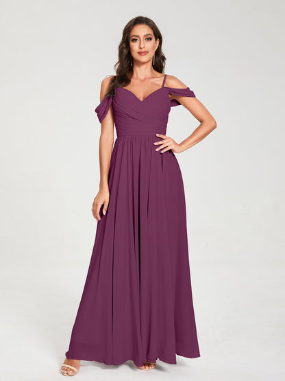 A-ligne/Princesse Mousseline de soie Bretelles spaghetti Épaules dénudées Sans Manches Longueur ras du sol Fendue sur le côté Robes de demoiselle d'honneur