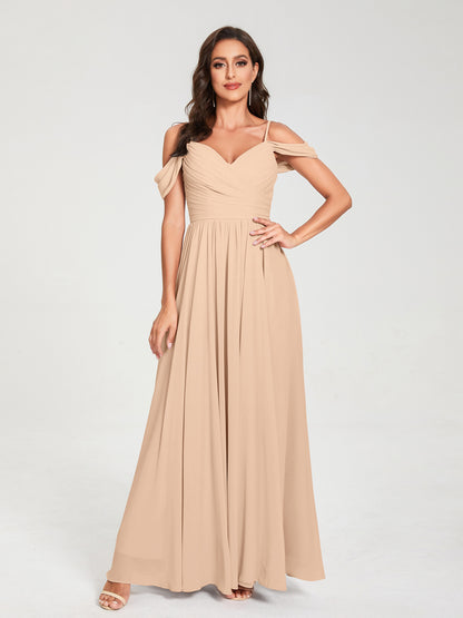 A-ligne/Princesse Mousseline de soie Bretelles spaghetti Épaules dénudées Sans Manches Longueur ras du sol Fendue sur le côté Robes de demoiselle d'honneur