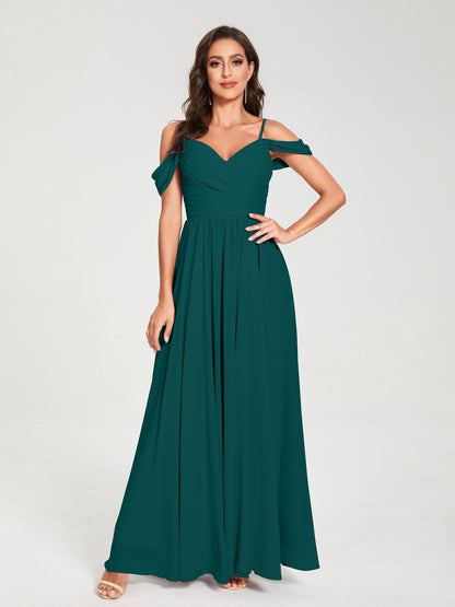 A-ligne/Princesse Mousseline de soie Bretelles spaghetti Épaules dénudées Sans Manches Longueur ras du sol Fendue sur le côté Robes de demoiselle d'honneur