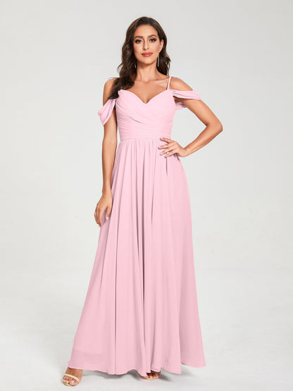 A-ligne/Princesse Mousseline de soie Bretelles spaghetti Épaules dénudées Sans Manches Longueur ras du sol Fendue sur le côté Robes de demoiselle d'honneur