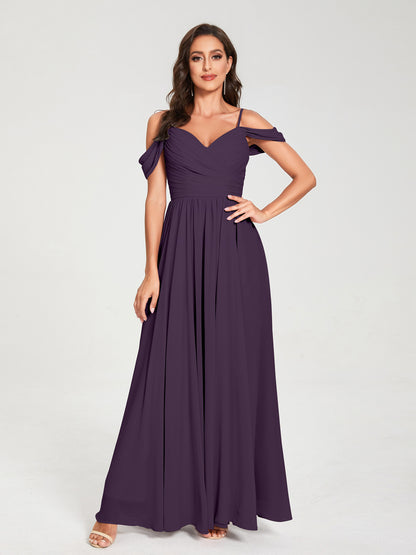 A-ligne/Princesse Mousseline de soie Bretelles spaghetti Épaules dénudées Sans Manches Longueur ras du sol Fendue sur le côté Robes de demoiselle d'honneur