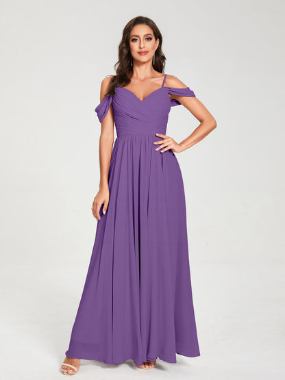 A-ligne/Princesse Mousseline de soie Bretelles spaghetti Épaules dénudées Sans Manches Longueur ras du sol Fendue sur le côté Robes de demoiselle d'honneur