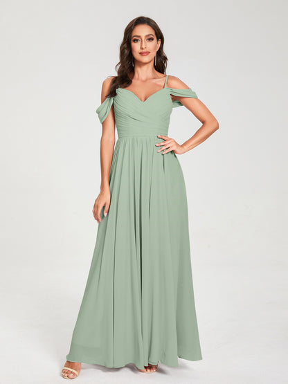 A-ligne/Princesse Mousseline de soie Bretelles spaghetti Épaules dénudées Sans Manches Longueur ras du sol Fendue sur le côté Robes de demoiselle d'honneur