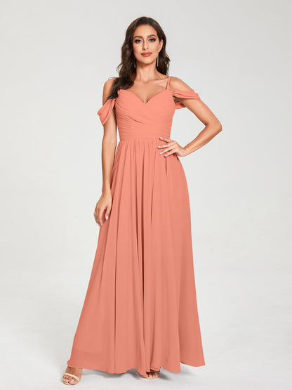 A-ligne/Princesse Mousseline de soie Bretelles spaghetti Épaules dénudées Sans Manches Longueur ras du sol Fendue sur le côté Robes de demoiselle d'honneur
