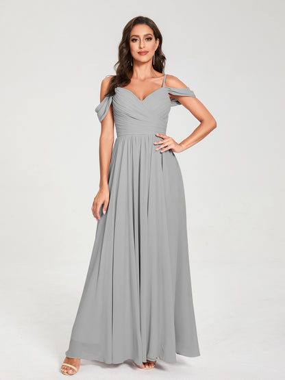 A-ligne/Princesse Mousseline de soie Bretelles spaghetti Épaules dénudées Sans Manches Longueur ras du sol Fendue sur le côté Robes de demoiselle d'honneur