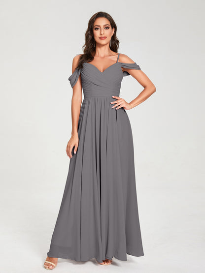 A-ligne/Princesse Mousseline de soie Bretelles spaghetti Épaules dénudées Sans Manches Longueur ras du sol Fendue sur le côté Robes de demoiselle d'honneur