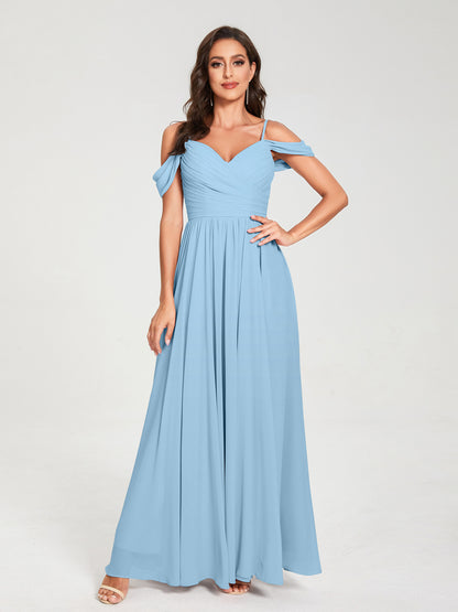 A-ligne/Princesse Mousseline de soie Bretelles spaghetti Épaules dénudées Sans Manches Longueur ras du sol Fendue sur le côté Robes de demoiselle d'honneur