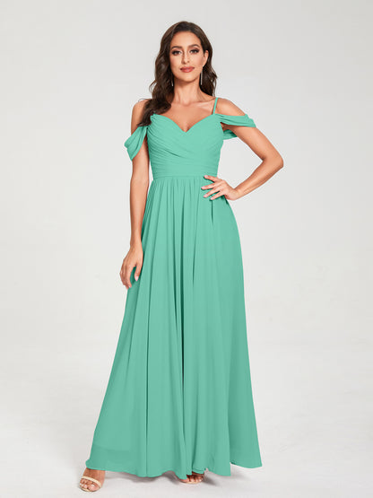 A-ligne/Princesse Mousseline de soie Bretelles spaghetti Épaules dénudées Sans Manches Longueur ras du sol Fendue sur le côté Robes de demoiselle d'honneur