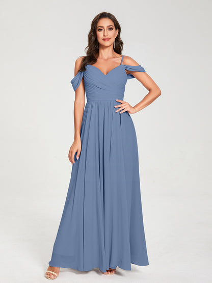 A-ligne/Princesse Mousseline de soie Bretelles spaghetti Épaules dénudées Sans Manches Longueur ras du sol Fendue sur le côté Robes de demoiselle d'honneur