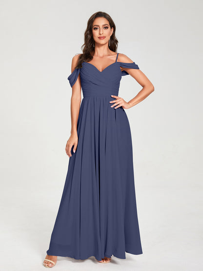 A-ligne/Princesse Mousseline de soie Bretelles spaghetti Épaules dénudées Sans Manches Longueur ras du sol Fendue sur le côté Robes de demoiselle d'honneur