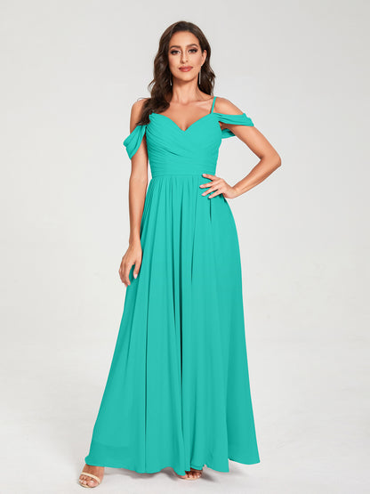 A-ligne/Princesse Mousseline de soie Bretelles spaghetti Épaules dénudées Sans Manches Longueur ras du sol Fendue sur le côté Robes de demoiselle d'honneur