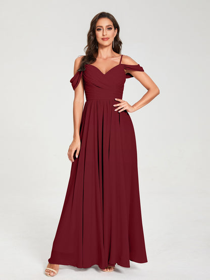 A-ligne/Princesse Mousseline de soie Bretelles spaghetti Épaules dénudées Sans Manches Longueur ras du sol Fendue sur le côté Robes de demoiselle d'honneur
