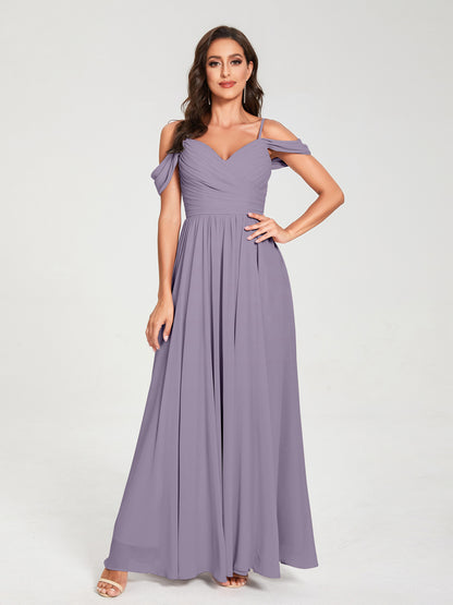 A-ligne/Princesse Mousseline de soie Bretelles spaghetti Épaules dénudées Sans Manches Longueur ras du sol Fendue sur le côté Robes de demoiselle d'honneur