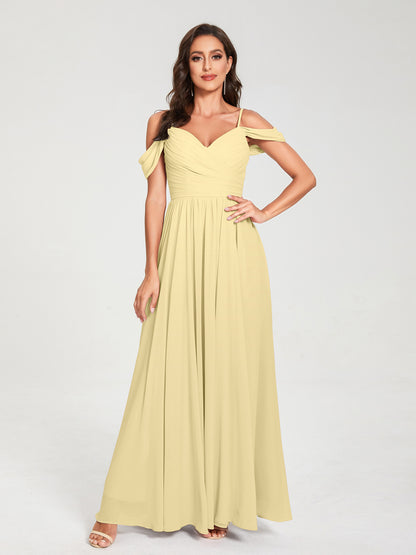 A-ligne/Princesse Mousseline de soie Bretelles spaghetti Épaules dénudées Sans Manches Longueur ras du sol Fendue sur le côté Robes de demoiselle d'honneur