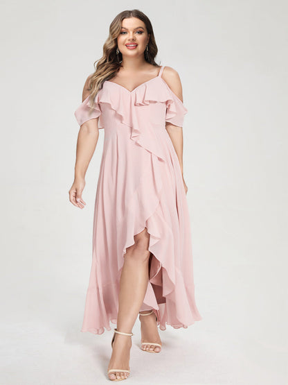 Robe de Demoiselled'Honneur Asymétrique Grande Taille, Coupe Trapèze/Princesse, en Mousseline, Bretelles Spaghetti, Col en V, Manches Courtes et Volants