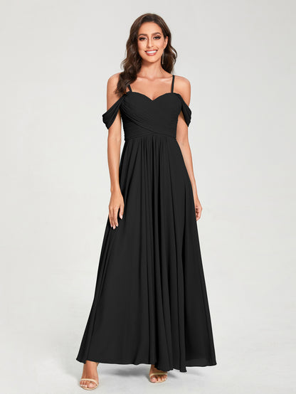 Forme Princesse Mousseline de soie Bretelles spaghetti Manches courtes Longueur ras du sol avec Plissé Robes de demoiselle d'honneur
