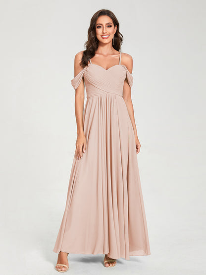 Forme Princesse Mousseline de soie Bretelles spaghetti Manches courtes Longueur ras du sol avec Plissé Robes de demoiselle d'honneur