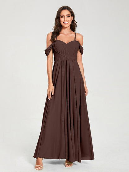 Forme Princesse Mousseline de soie Bretelles spaghetti Manches courtes Longueur ras du sol avec Plissé Robes de demoiselle d'honneur