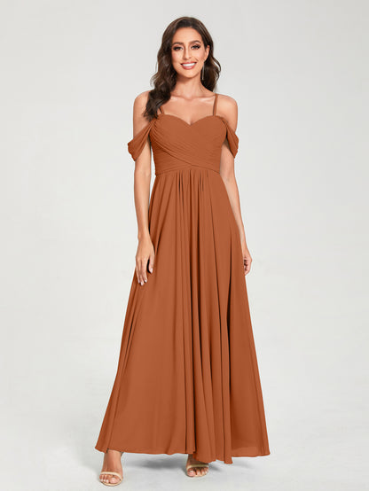 Forme Princesse Mousseline de soie Bretelles spaghetti Manches courtes Longueur ras du sol avec Plissé Robes de demoiselle d'honneur