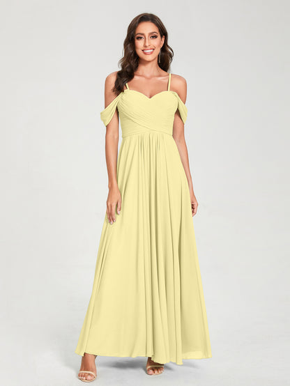 Forme Princesse Mousseline de soie Bretelles spaghetti Manches courtes Longueur ras du sol avec Plissé Robes de demoiselle d'honneur